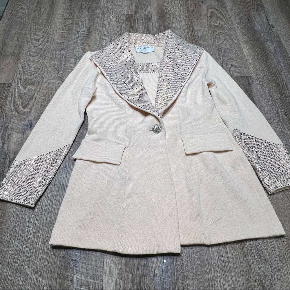 St. John Evening Women’s Blazer Size 2 Peach Jacket & Modesty Panel Santana Knit